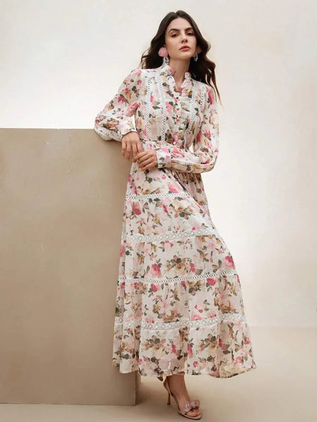 Annabelle Maxi Dress - Notched Neckline - Bishop Sleeve - High Waist - Floral Print - Boho Style