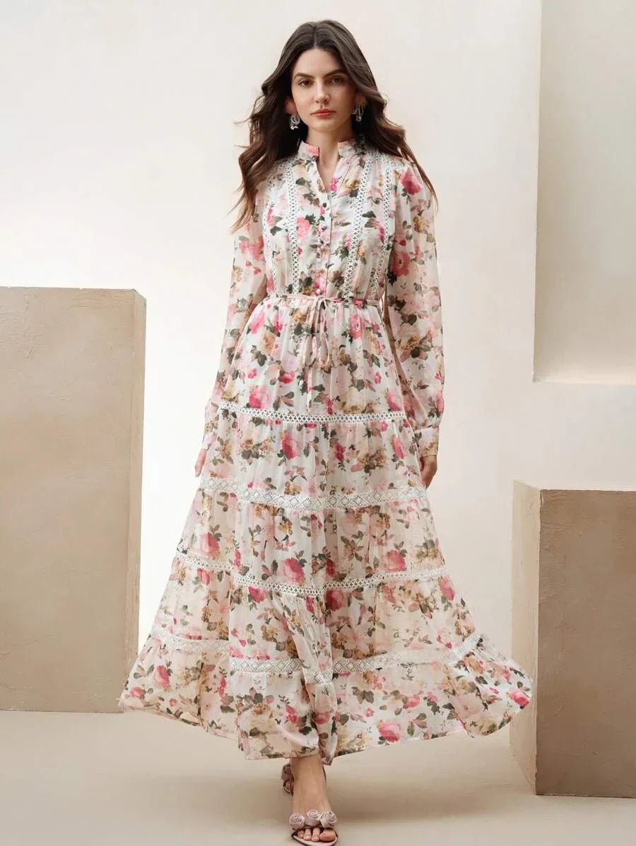 Annabelle Maxi Dress - Notched Neckline - Bishop Sleeve - High Waist - Floral Print - Boho Style