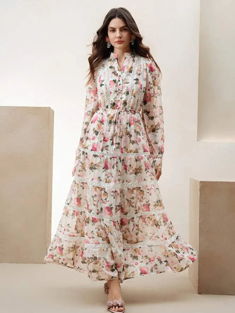 Annabelle Maxi Dress - Notched Neckline - Bishop Sleeve - High Waist - Floral Print - Boho Style