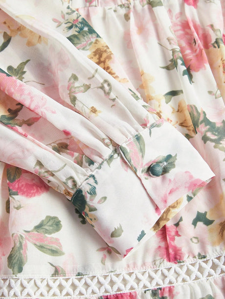 Annabelle Maxi Dress - Notched Neckline - Bishop Sleeve - High Waist - Floral Print - Boho Style