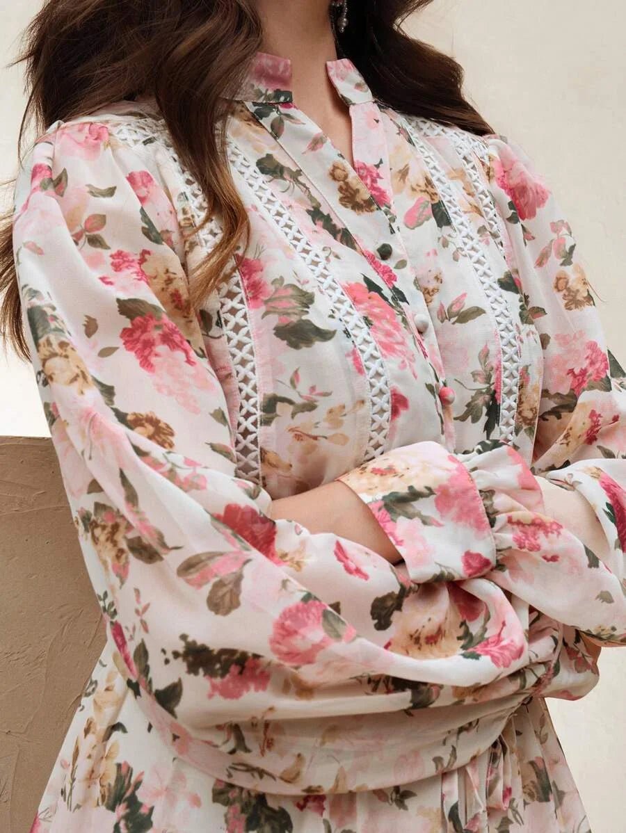 Annabelle Maxi Dress - Notched Neckline - Bishop Sleeve - High Waist - Floral Print - Boho Style