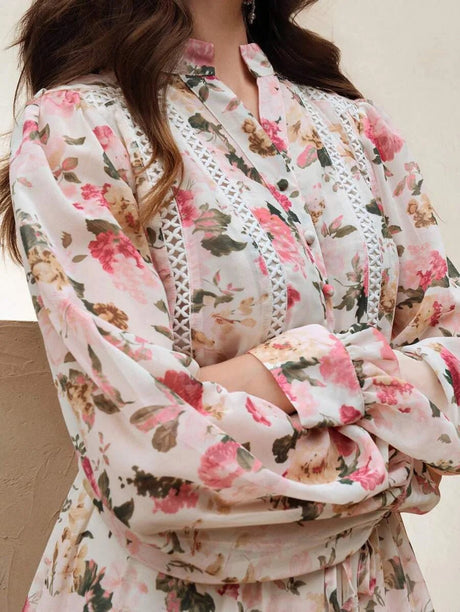 Annabelle Maxi Dress - Notched Neckline - Bishop Sleeve - High Waist - Floral Print - Boho Style