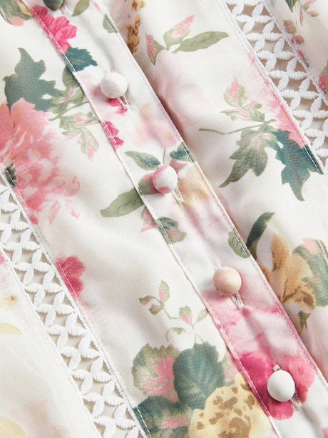 Annabelle Maxi Dress - Notched Neckline - Bishop Sleeve - High Waist - Floral Print - Boho Style