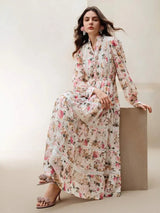Annabelle Maxi Dress - Notched Neckline - Bishop Sleeve - High Waist - Floral Print - Boho Style