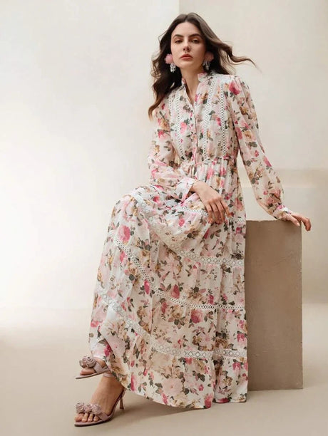 Annabelle Maxi Dress - Notched Neckline - Bishop Sleeve - High Waist - Floral Print - Boho Style