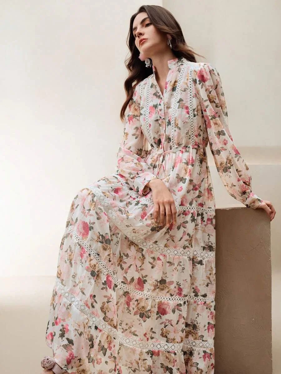 Annabelle Maxi Dress - Notched Neckline - Bishop Sleeve - High Waist - Floral Print - Boho Style