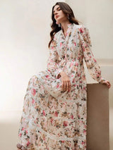 Annabelle Maxi Dress - Notched Neckline - Bishop Sleeve - High Waist - Floral Print - Boho Style