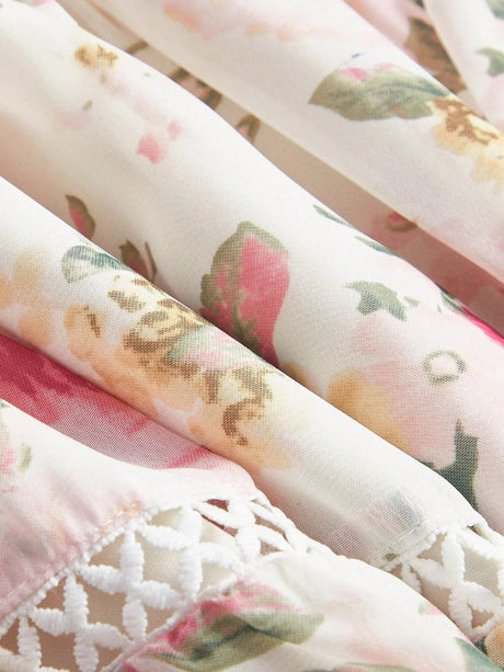 Annabelle Maxi Dress - Notched Neckline - Bishop Sleeve - High Waist - Floral Print - Boho Style