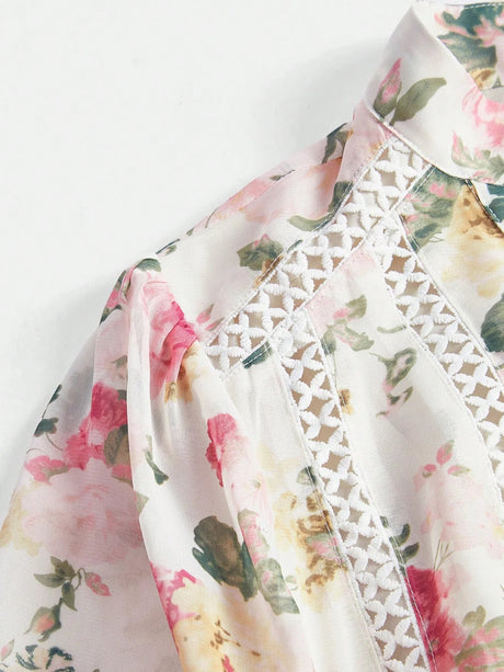 Annabelle Maxi Dress - Notched Neckline - Bishop Sleeve - High Waist - Floral Print - Boho Style