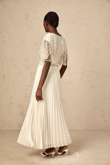 Annabelle Maxi Dress - Short Sleeve - Cinched Waist - Crystal Embellished - Pleated Skirt
