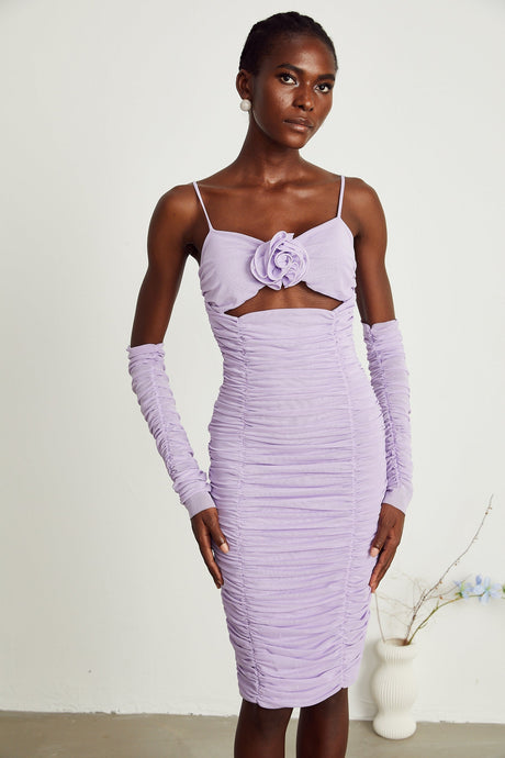 Annabelle purple fauxflower ruched midi dress