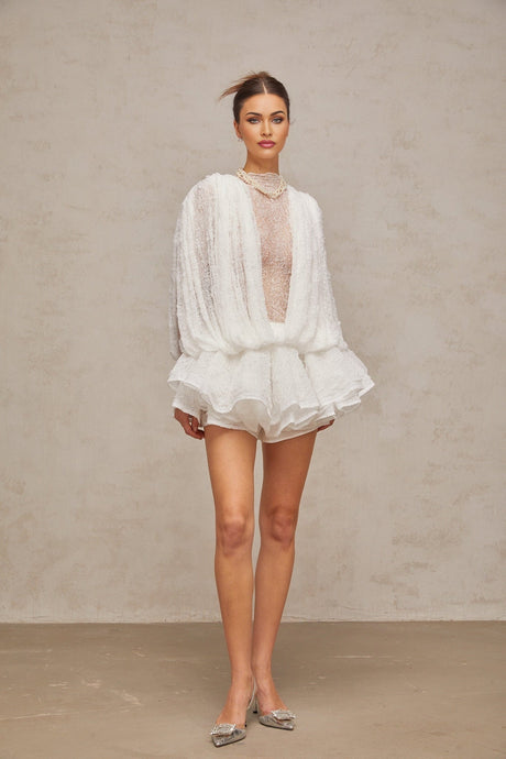 Annabelle Top & Shorts - Mock Neck - Ruffled Cuffs - Lace Overlay - Elasticated Waistband