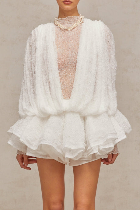 Annabelle Top & Shorts - Mock Neck - Ruffled Cuffs - Lace Overlay - Elasticated Waistband