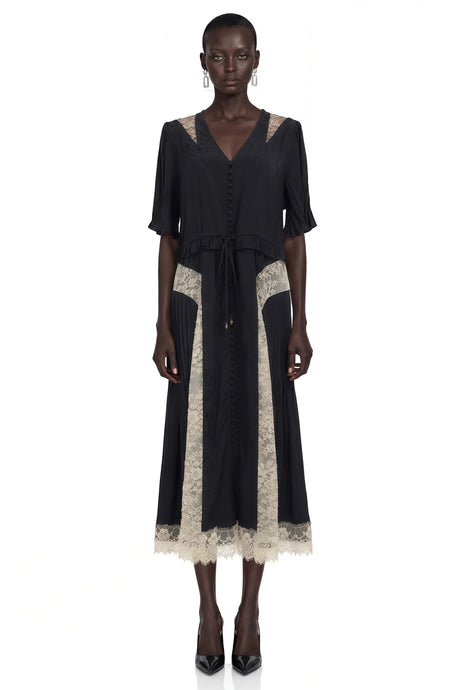 Annabeth Black VNeck Midi Dress with Lace Panels