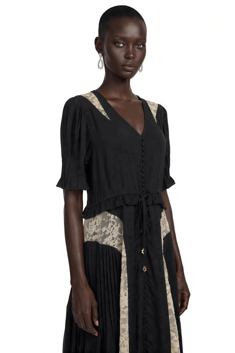 Annabeth Black VNeck Midi Dress with Lace Panels