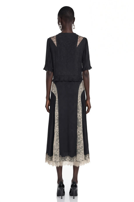 Annabeth Black VNeck Midi Dress with Lace Panels