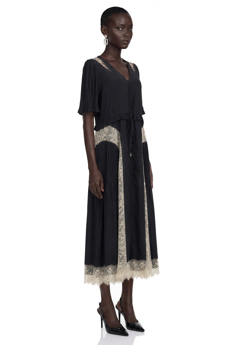 Annabeth Black VNeck Midi Dress with Lace Panels