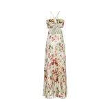 Annalee Floral Maxi Dress - Sleeveless Halter Neck - Bustier Style with Cut - out Design - Pleated with Front Button Fastening