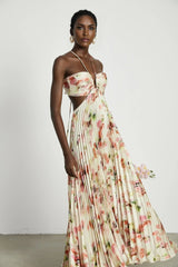 Annalee Floral Maxi Dress - Sleeveless Halter Neck - Bustier Style with Cut - out Design - Pleated with Front Button Fastening