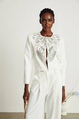 Annalee Jacket & Trousers Set - Crystal & Sequin Embellishments - Cropped Jacket - Straight Leg Trousers - Front Hook & Eye Fastening