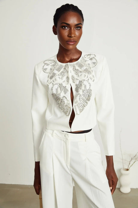 Annalee Jacket & Trousers Set - Crystal & Sequin Embellishments - Cropped Jacket - Straight Leg Trousers - Front Hook & Eye Fastening
