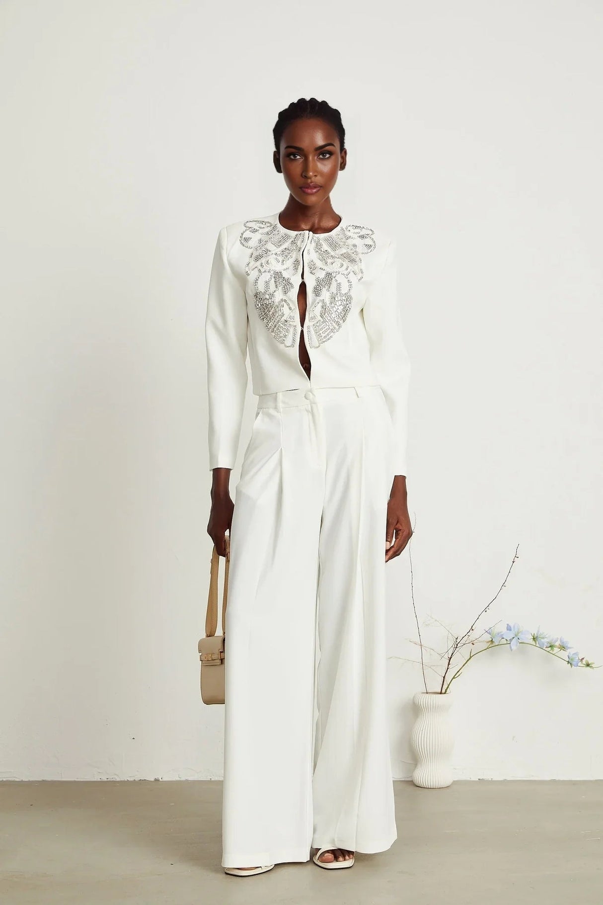 Annalee Jacket & Trousers Set - Crystal & Sequin Embellishments - Cropped Jacket - Straight Leg Trousers - Front Hook & Eye Fastening