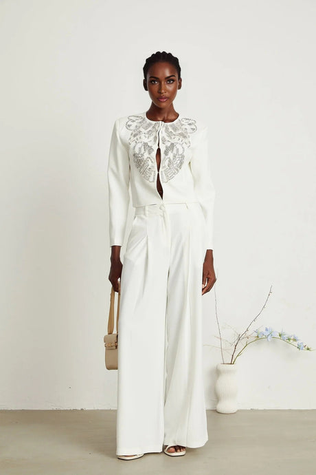 Annalee Jacket & Trousers Set - Crystal & Sequin Embellishments - Cropped Jacket - Straight Leg Trousers - Front Hook & Eye Fastening