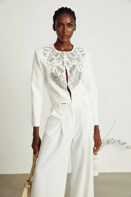 Annalee Jacket & Trousers Set - Crystal & Sequin Embellishments - Cropped Jacket - Straight Leg Trousers - Front Hook & Eye Fastening