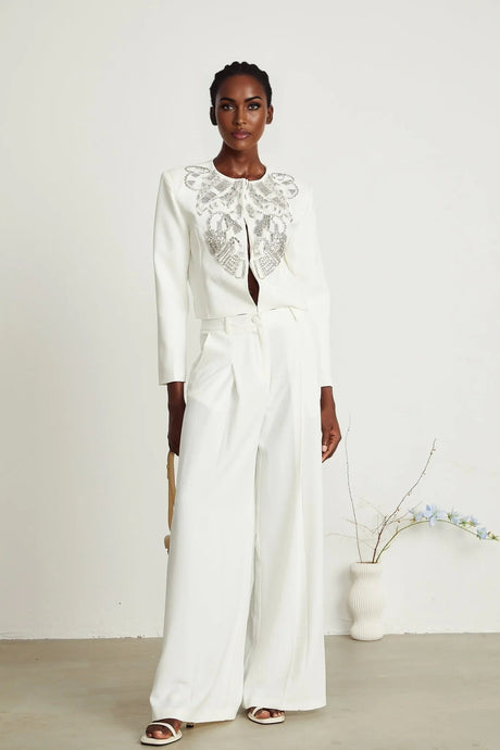 Annalee Jacket & Trousers Set - Crystal & Sequin Embellishments - Cropped Jacket - Straight Leg Trousers - Front Hook & Eye Fastening