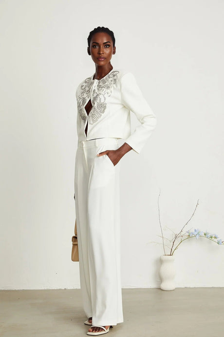 Annalee Jacket & Trousers Set - Crystal & Sequin Embellishments - Cropped Jacket - Straight Leg Trousers - Front Hook & Eye Fastening