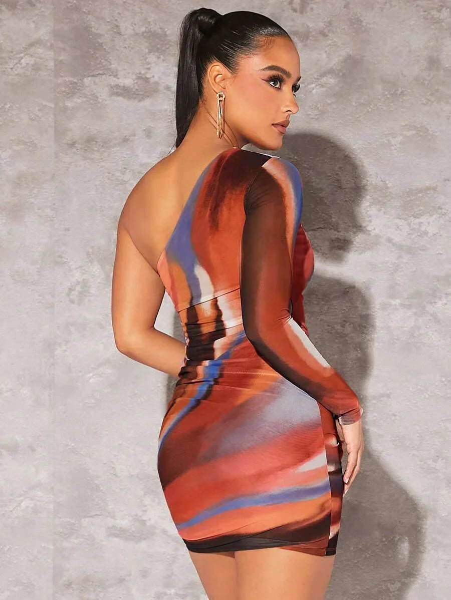 Annalee Mini Dress - Asymmetrical Neck - Tie Dye Pattern - Ruched Details - Slim Fit - High Stretch