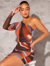 Annalee Mini Dress - Asymmetrical Neck - Tie Dye Pattern - Ruched Details - Slim Fit - High Stretch