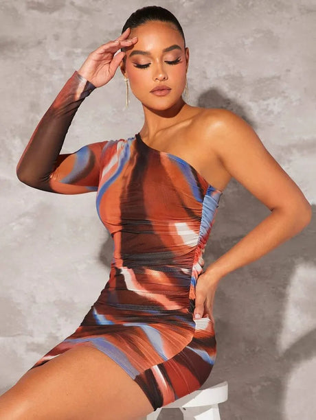 Annalee Mini Dress - Asymmetrical Neck - Tie Dye Pattern - Ruched Details - Slim Fit - High Stretch