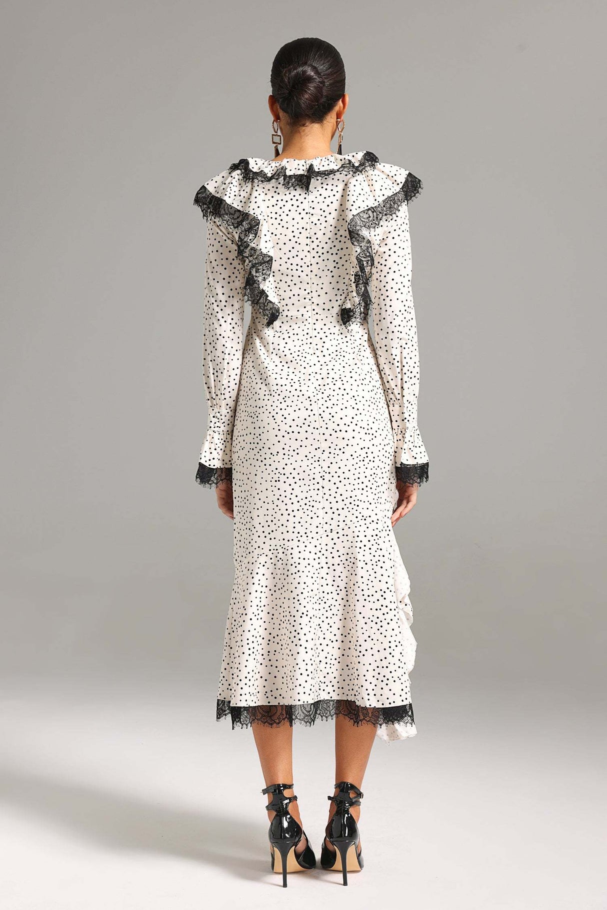 Annalee White Polka Dot Lace Ruffle Neckline Midi Dress