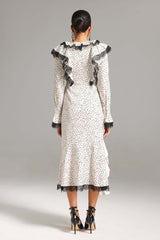 Annalee White Polka Dot Lace Ruffle Neckline Midi Dress