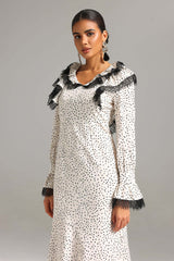 Annalee White Polka Dot Ruffled Lace Dress with Long Sleeves and Flared Hem
