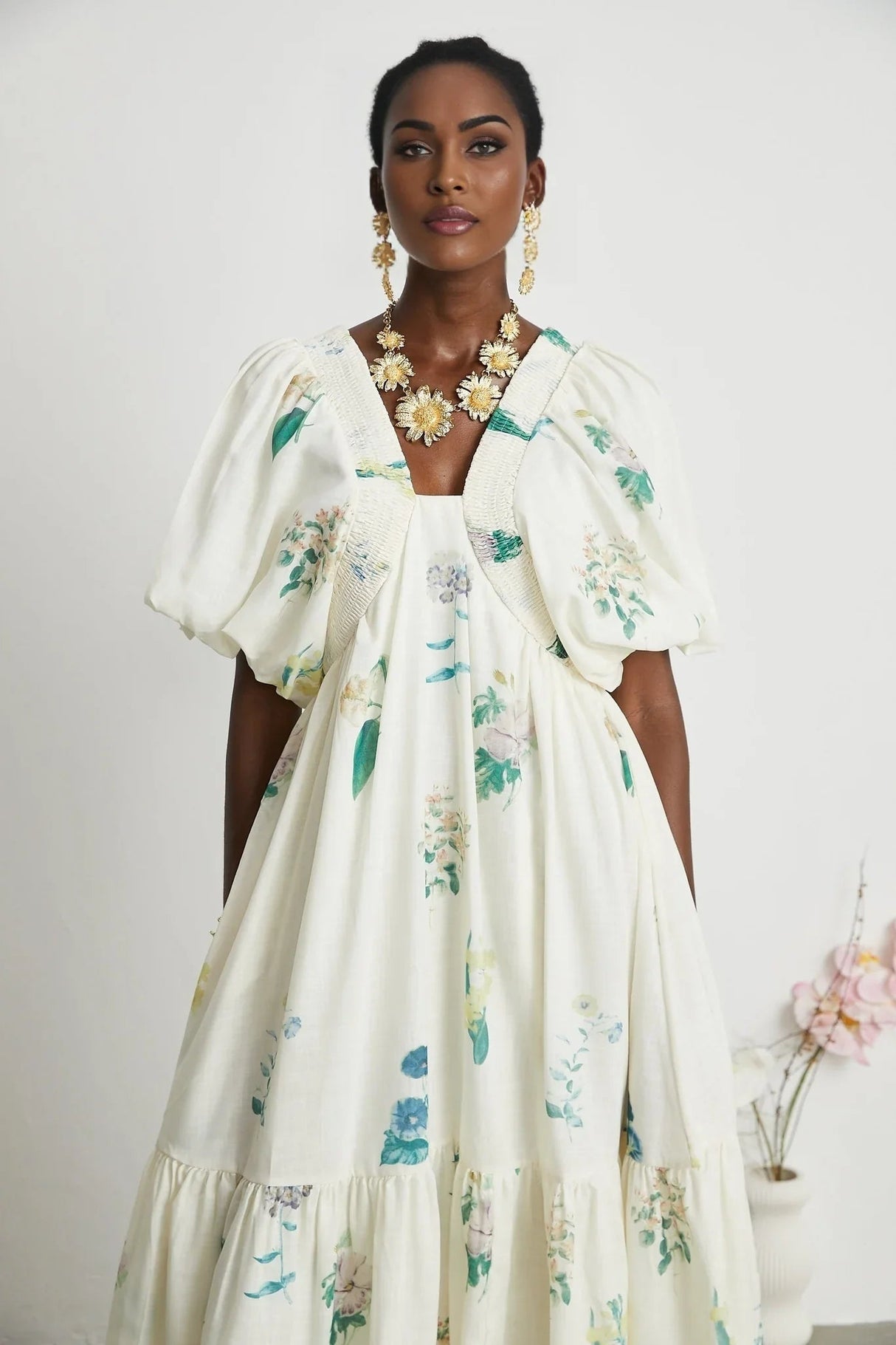 Annalisa Floral Midi Dress - V - Neck - Short Puff Sleeves - Flounce Hem - A - line Skirt Cut