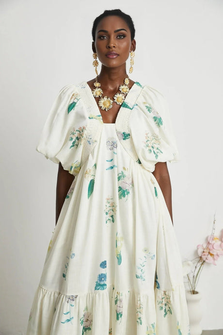 Annalisa Floral Midi Dress - V - Neck - Short Puff Sleeves - Flounce Hem - A - line Skirt Cut