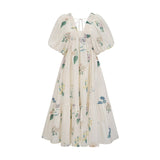 Annalisa Floral Midi Dress - V - Neck - Short Puff Sleeves - Flounce Hem - A - line Skirt Cut