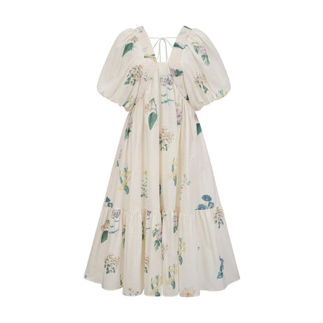 Annalisa Floral Midi Dress - V - Neck - Short Puff Sleeves - Flounce Hem - A - line Skirt Cut
