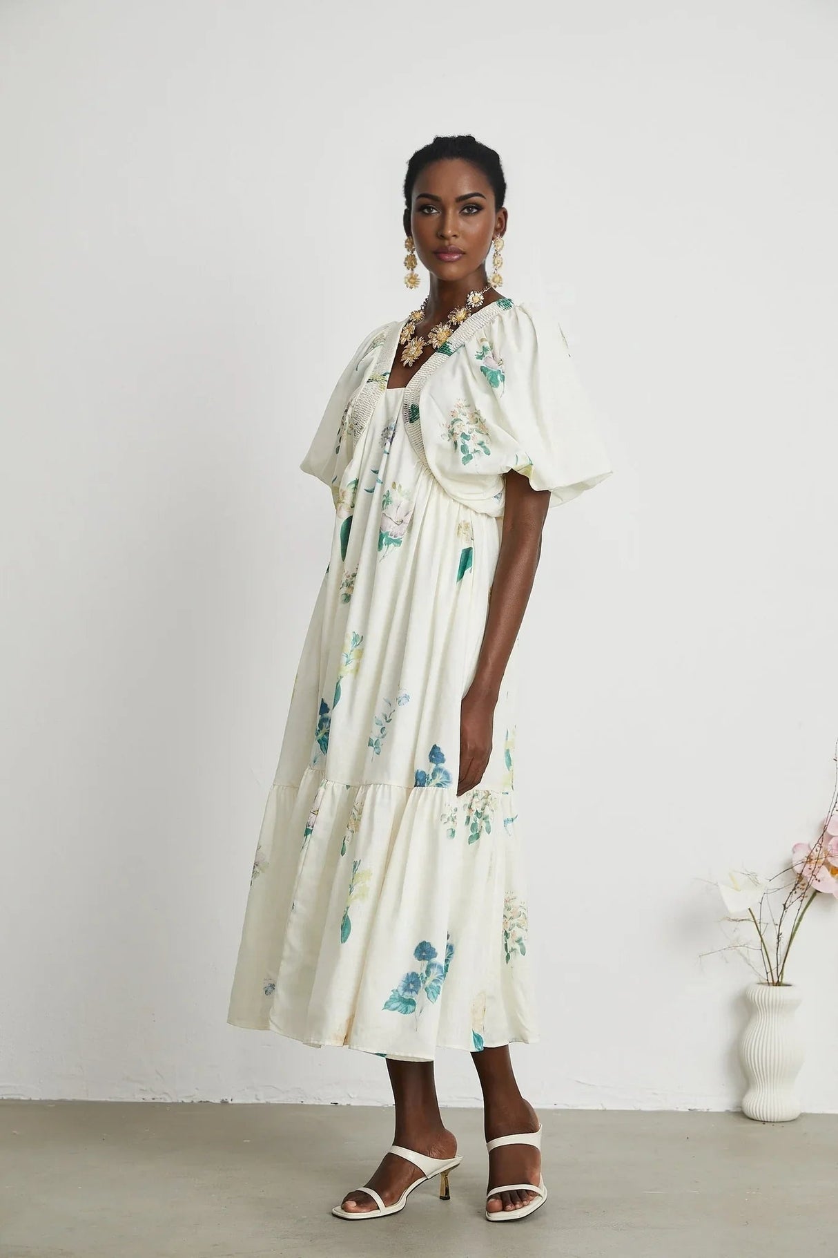 Annalisa Floral Midi Dress - V - Neck - Short Puff Sleeves - Flounce Hem - A - line Skirt Cut