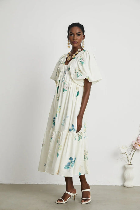 Annalisa Floral Midi Dress - V - Neck - Short Puff Sleeves - Flounce Hem - A - line Skirt Cut