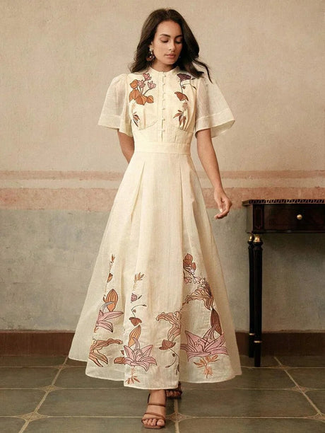 Annalisa Maxi Dress - Stand Collar - Wedding - Flounce Sleeve - High Waist - A Line