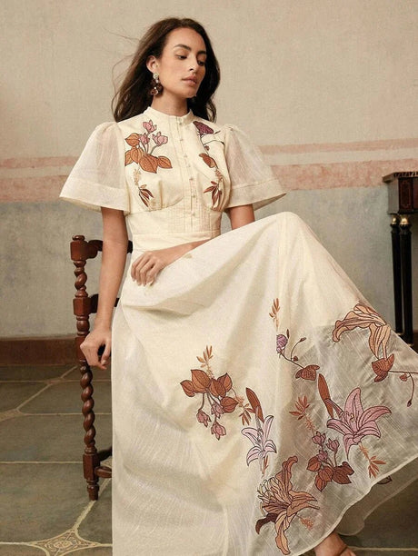 Annalisa Maxi Dress - Stand Collar - Wedding - Flounce Sleeve - High Waist - A Line