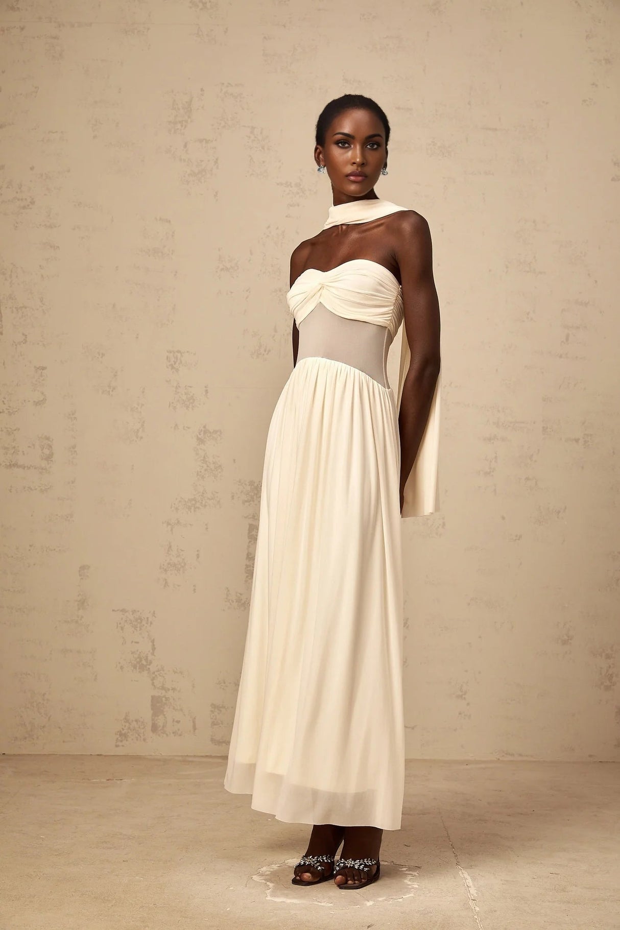 Annalisa Midi Dress Mesh Scarf - Design Stretch Ruched Panelled Sheer