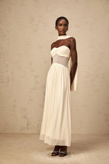 Annalisa Midi Dress Mesh Scarf - Design Stretch Ruched Panelled Sheer