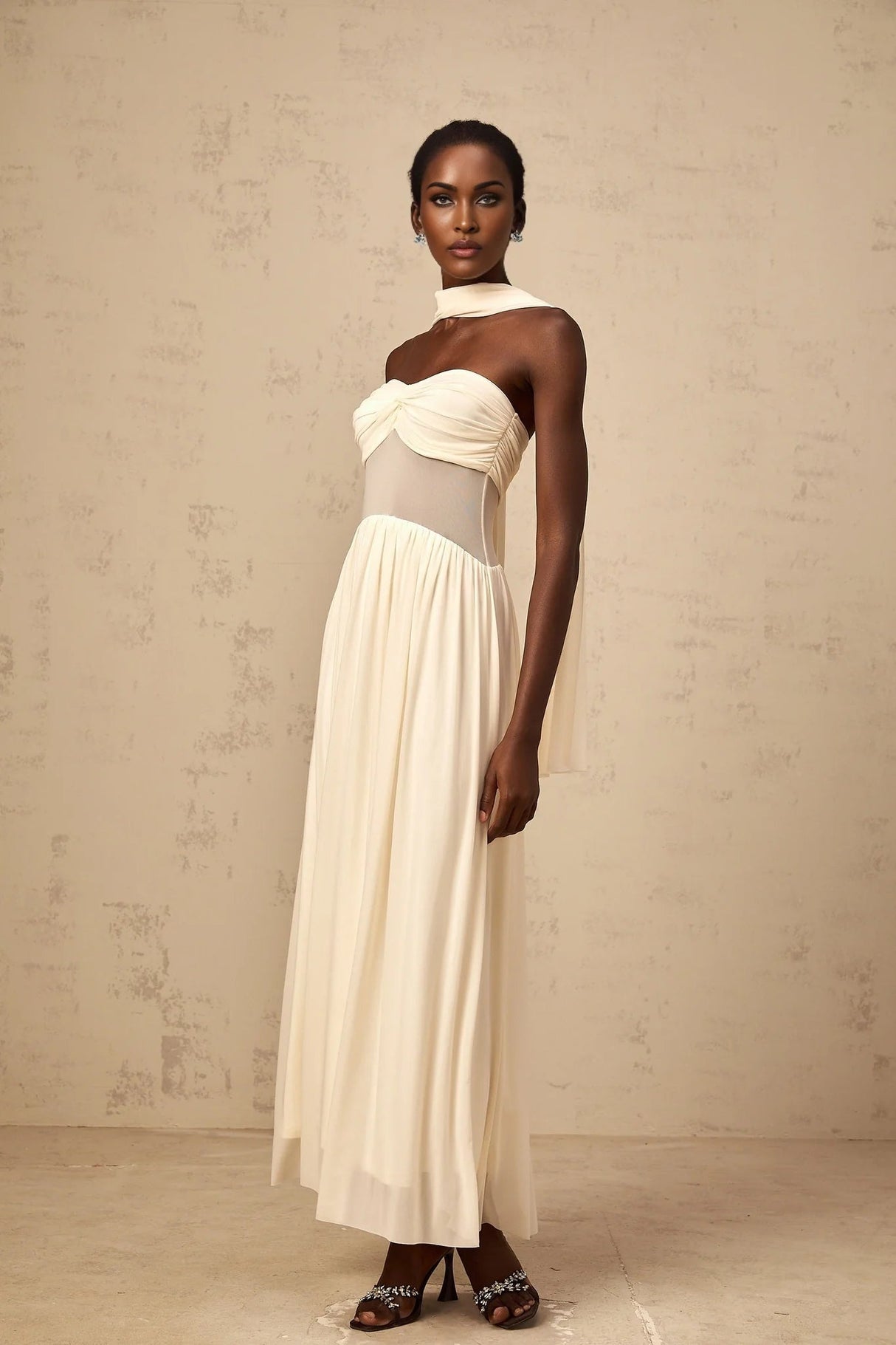 Annalisa Midi Dress Mesh Scarf - Design Stretch Ruched Panelled Sheer