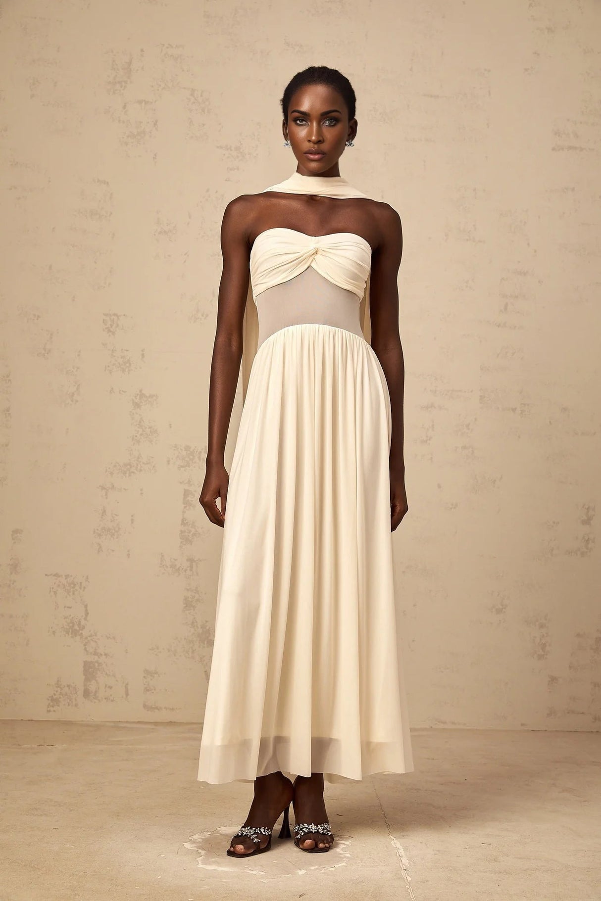 Annalisa Midi Dress Mesh Scarf - Design Stretch Ruched Panelled Sheer