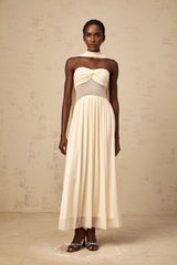 Annalisa Midi Dress Mesh Scarf - Design Stretch Ruched Panelled Sheer