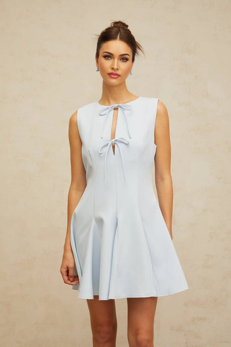 Annalisa Mini Dress Blue Bowknot Godet Design & Cut - Out Detailing